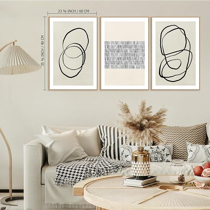 Abstract Boho Wall Art Set - Modern Boho Geometric Framed Canvas Prints, Neutral Mid-Century Graffiti Inspired Decorative Wall Decor for Living Room, Bedroom, Office - 16"x24"x3