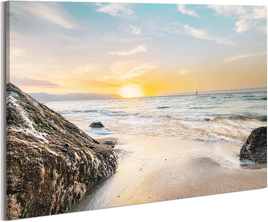 Coastal Canvas Wall Art Picture: Bathroom Beach Ocean Scene Print Seascape Sea Sunset Artwork Seaside Sailboat Rock Seashore Painting for Home Living Room Decorations 36 x 24 Inch