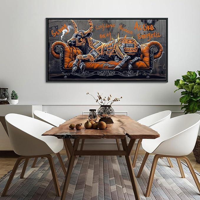 JEAWA Framed Canvas Wall Art - Creative Wall Art for Bedroom Living Room Bathroom, Modern Artwork Decor for Home Decoration, Strong Bull Color Graffiti, 24x48 IN