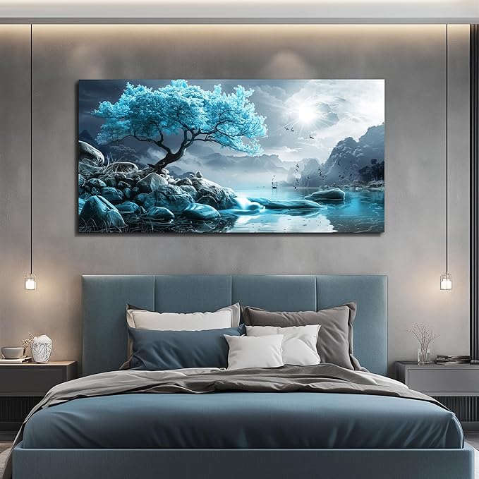 KELIYUAN Canvas Wall Art For Living Room Bedroom Wall Decor Black And White Landscape Pictures Blue Tree Wall Painting Modern Home Decoration For Room Office Works Framed Canvas Art Prints 20x40in