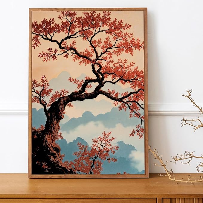 LHIUEM Large Boho Mountain Sunset Framed Canvas Wall Art Set of 3(16”X24”)Pine Tree Red Flowers Wall Decor,Chinese Style Maple Leaves Painting,Nature Landscape Forest Foggy Artworks for Bedroom Office
