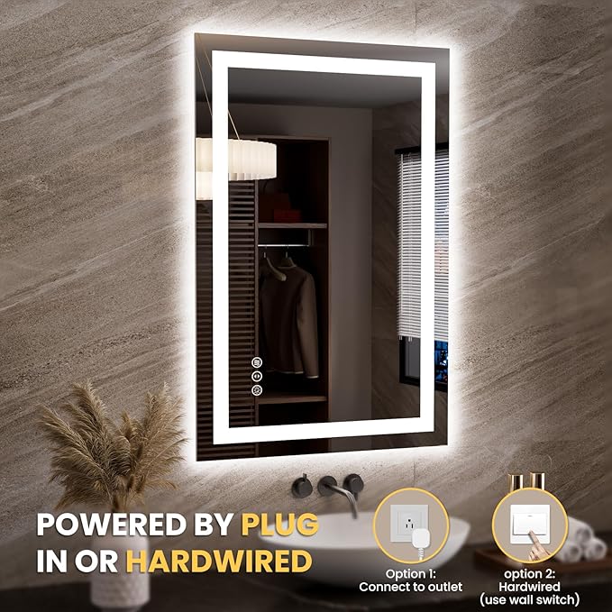 LOAAO 23.6"x35.4" LED Mirror for Bathroom, Lighted Bathroom Mirror with Lights, Anti-Fog, Dimmable, Memory Function, Easy to Install, Clear Reflection
