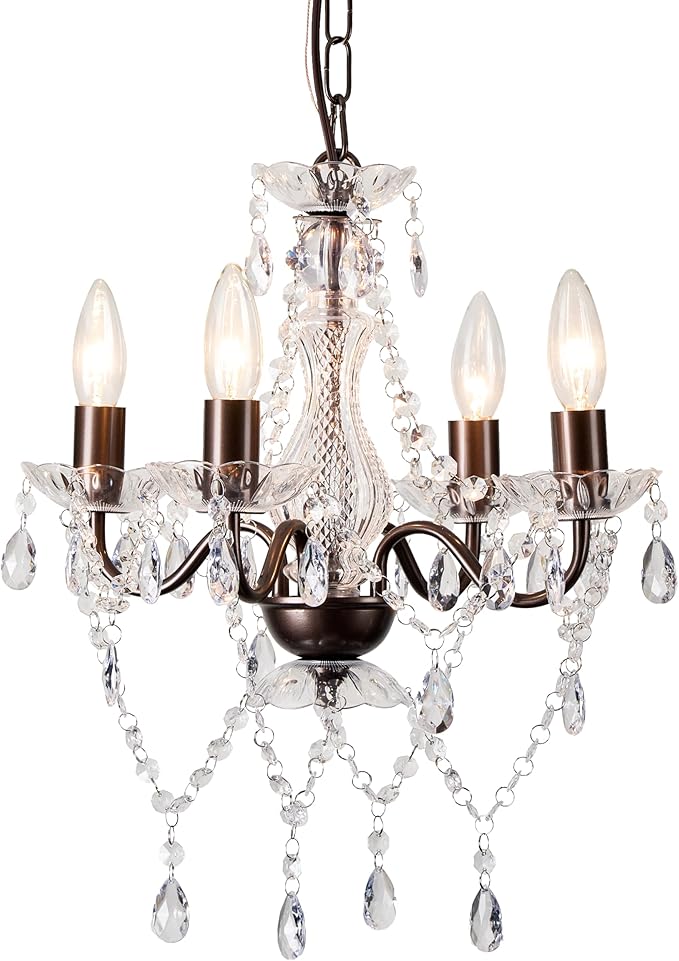 LaLuLa Mini Acrylic Crystal Chandelier Modern Farmhouse Bronze Chandeliers Lighting 4 Lights Candle Style Pendant Light for Living Room