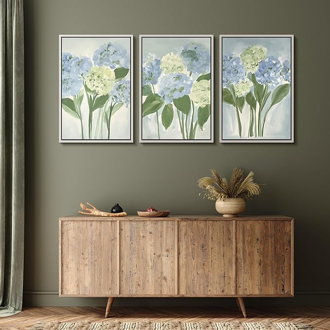 MUDECOR Framed Wall Art Print Set Blue Hydrangea Floral Botanical with Green Leaves Illustrations Modern Art Boho Decorative Colorful Chic for Living Room, Bedroom, Office - 16"x24"x3 White