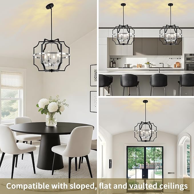 19.7'' Modern Chandelier 6-Light Black and Brushed Nickel Dining Room Light Fixture, Adjustable Industrial Drum Hanging Pendant Lights for Kitchen Island Hallway Entryway Foyer