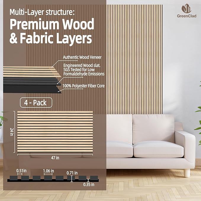 Acoustic Wall Panel - White Oak Wood Slat Soundproof Panel for Interior Wall Decor, 47.2" x 23.6", Modern Design