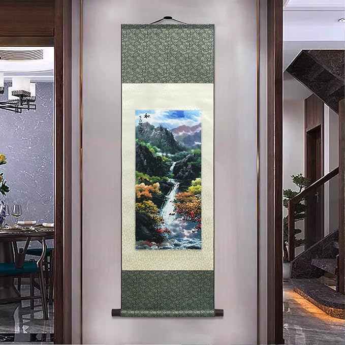 AtfArt Asian Wall Decor - Beautiful Silk Scroll Painting of Four Seasons Landscape (Autumn) - Oriental Decor - Chinese Art Wall Scroll - 36.2 x 12in