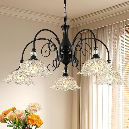 5-Light Chandeliers in Matte Black Finish with Crystal Glass Shades, Farmhouse Chandelier Light for Dining Room,Hallway,Kitchen