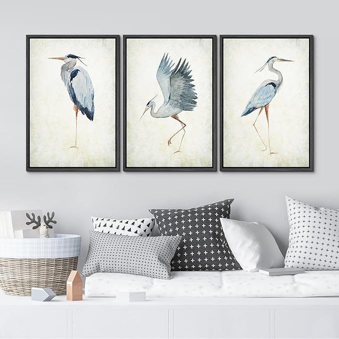 MUDECOR Framed Canvas Print Wall Art Heron Bird Wild Animal Prints Minimalist Modern Art Boho Relax Cozy Decor for Bedroom - 24"x36"x3 Black