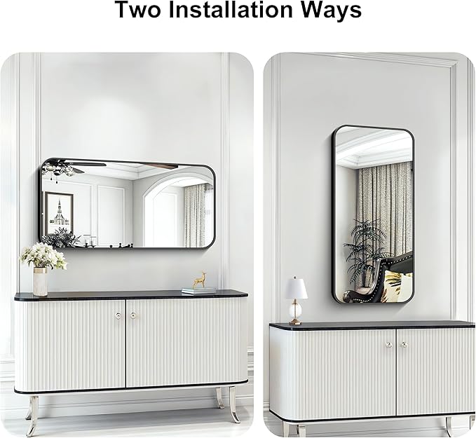 KOCUUY Black Bathroom Mirror, 20" x 40" Metal Frame Rectangle Mirror with Rounded Corner, Classic Design of Upgraded Shatterproof Glass for Bathroom, Bedroom, Living Room, Entryway