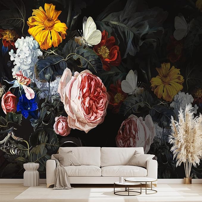 Black Floral Wall murals Peel and Stick Flowers Wallpaper for Bedroom Living Room - 96"x137"