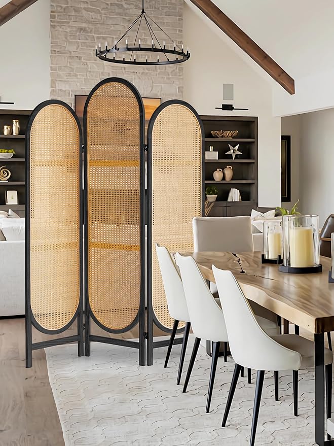 3 Panel Folding Room Divider, Hand-Woven Rattan Room Dividers and Folding Privacy Screens with Bi-Directional Hinge, Pre-Assembled Partition Room Dividers for Home Office Bedroom Restaurant, Black