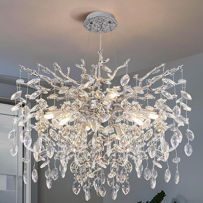 30" Silver Crystal Chandelier, 10-Light Tree Branch Chandelier for Dining Room, Modern Round Chandeliers for Living Room, Foyer, Entryway, Bedroom, Kitchen, Luxury K9 Crystal Raindrop Light Fixture