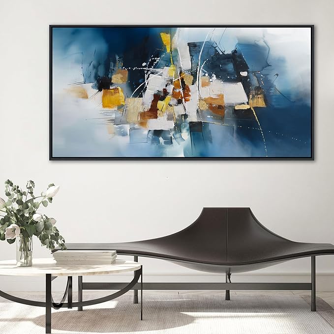 Abstract Canvas Wall Art Navy Blue Wall Art for Living Room Framed Modern Artwork for Walls, Above Bed Wall Decor Navy and Gold for Bedroom and Living Room Office Pictures Wall Decor 29×58IN