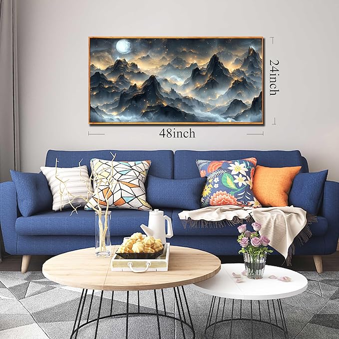 Ouzzlie Black and Gold Art Wall Decor Moon Wall Art for Office Mountain Landscape Canvas Picture Artwork 24" x 48"