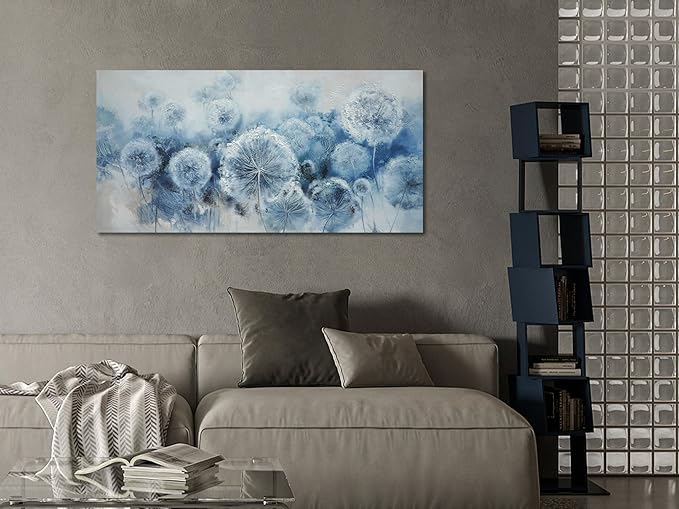 Arjun Wall Ar for Living Room, Dandelion Painting Flower Indigo Floral Canvas Art Wall Decor, Blue and White Textured Bedroom Artwork Framed for Home Office 40"x20"