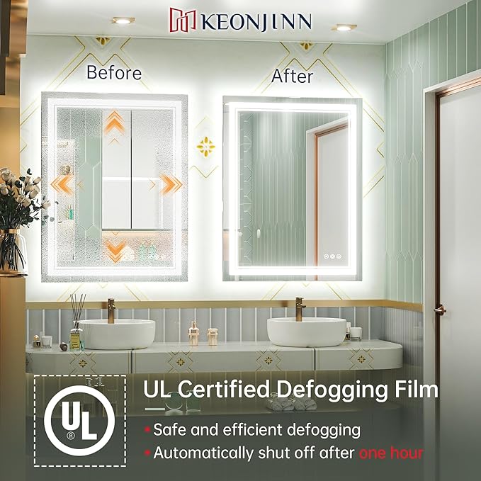 Keonjinn LED Bathroom Mirror with Light, 28x36 in Frontlit and Backlit, Stepless 3 Colors Temperature & Dimmable Wall Mirror, UL Listed LED Driver, Double LED Strips, Tempered Glass LED Vanity Mirror