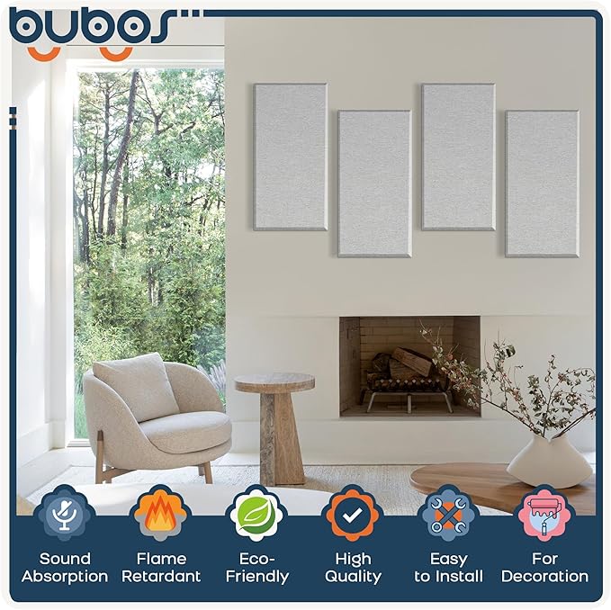 BUBOS 4 PCS Acoustic Panels,23.6''x11.8'' Fabric Soundproof Wall Panels,Self-adhesive Sound Absorbing Panels for Studios, Office, Home Theater,Fabric-Clad Grey