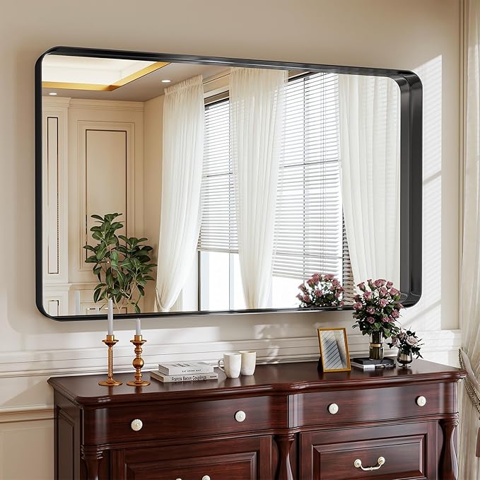 Bathroom Mirror Vanity for Over Sink Wall Mirror - 30x48 Inch Rounded Corner Rectangle Aluminum Frame Mirror,Hangs Horizontally or Vertically for Living Room Bedroom or Entryway Black