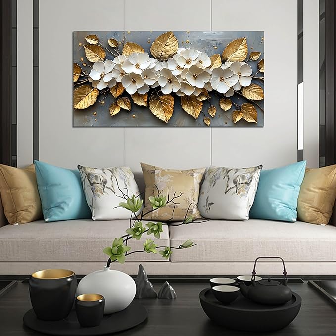 CANEITO Flower Wall Art for Living Room, White Plum Blossom and Golden Leaves Wall-Decor for Bedroom, Natural Canvas Prints Pictures for Hallway Office, Size 40x20 Inches