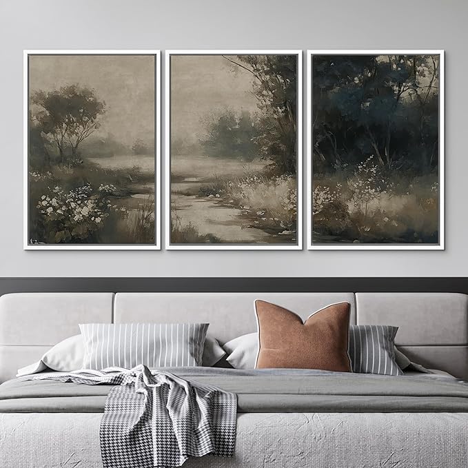 MUDECOR Framed Wall Art Print Set Vintage Landscape Subtle Forest and River in Earthy Tones Illustrations Modern Art Boho Decorative Colorful Chic for Living Room, Bedroom, Office - 24"x36"x3 White