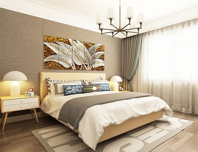BATRENDY ARTS Modern Silver Banana Leaves Metal Art Wall Decor Golden Home Accent Sculpture 5 Panel Artwork Hand Polished Decorative Hangings for Bedroom