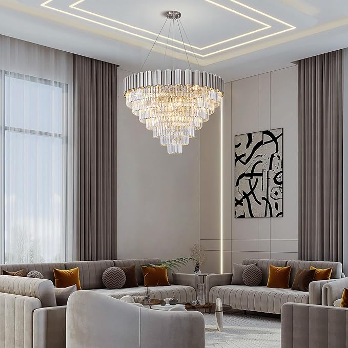 7-Tier 39" Silver Chandelier, 21-Light Modern Crystal Chandelier, Luxury Round K9 Crystal Chandeliers Light Fixture for Dining Room, Living Room, Bedroom, Foyer, Entryway, Kitchen, Restaurant
