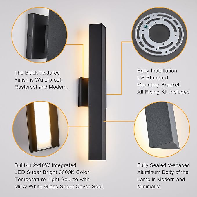 Modern Minimalist Outdoor Waterproof LED Wall Sconce with Built-in 20W LED Warm White Light Source, Fully Sealed V-Shaped Aluminum Cover, Can Be Mounted Outdoors or Indoors at Any Angle.