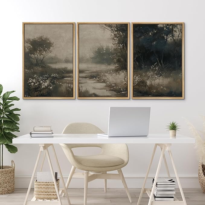 MUDECOR Framed Wall Art Print Set Vintage Landscape Subtle Forest and River in Earthy Tones Illustrations Modern Art Boho Decorative Colorful Chic for Living Room, Bedroom, Office - 16"x24"x3 Natural