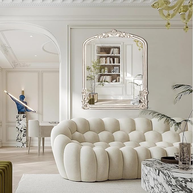 30x35 Inch Baroque Farmhouse Arched Wall Mirror Wooden, Rustic Distressed Decorative Mirrors for Fireplace, Living Room, Bedroom, Entryway, Bathroom