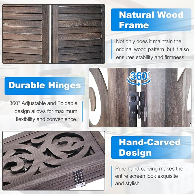 6 Panel Room Divider 5.6FT Wood Carved Room Dividers, Folding Privacy Screens Portable Freestanding Partition Wall Dividers for Bedroom, Office, Rustic Brown