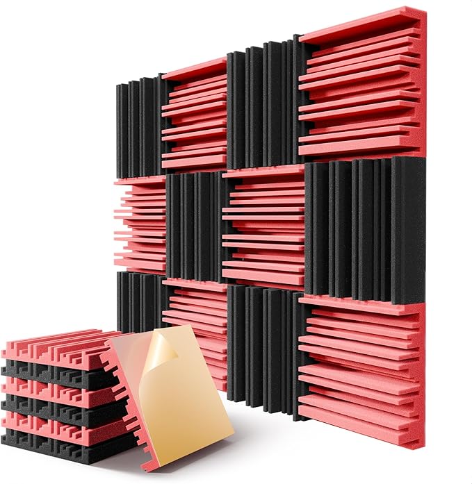 12 Pack Acoustic Foam Panels for Walls, 12" x 12" x 2" Soundproof Wall Panels, Self-Adhesive Soundproofing Padding, High Resilience Sound Absorbing Panels for Home Studios, Offices - Black & Red