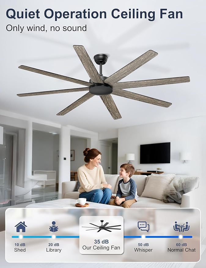 72'' Large Ceiling Fans No Lights, Modern Black Ceiling Fan Remote/APP Control, Quiet DC Motor Big Ceiling Fan for Shop Garage Covered Outdoor Patios