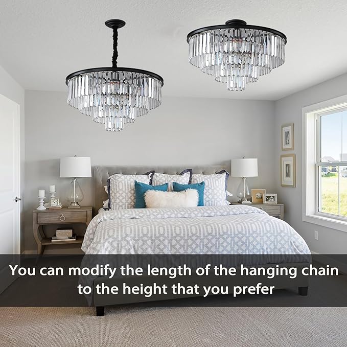 Black Modern Crystal Chandelier Lighting K9 Crystal Round Chandelier Hanging Ceiling Light Fixture 4-Tier Contemporary Crystal Pendant Light for Dining Room Living Room Bedroom 23.6inch