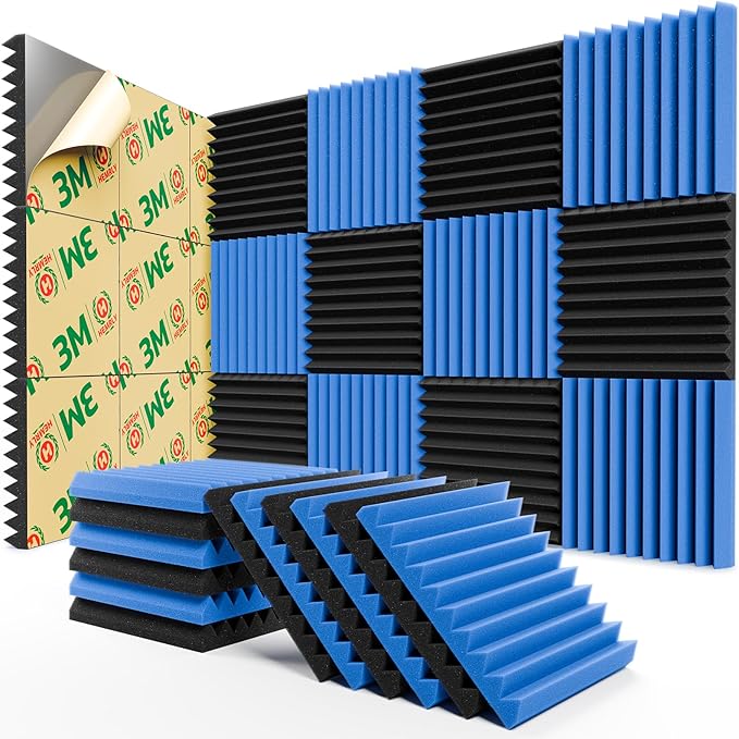 12 Pack Sound Proof Foam Panels for Walls,Self-Adhesive Foam Acoustic Panels Sound Absorbing,High Density Quick-Recovery Soundproof Wall Panels 12" X 12" X 1"-Black and Blue
