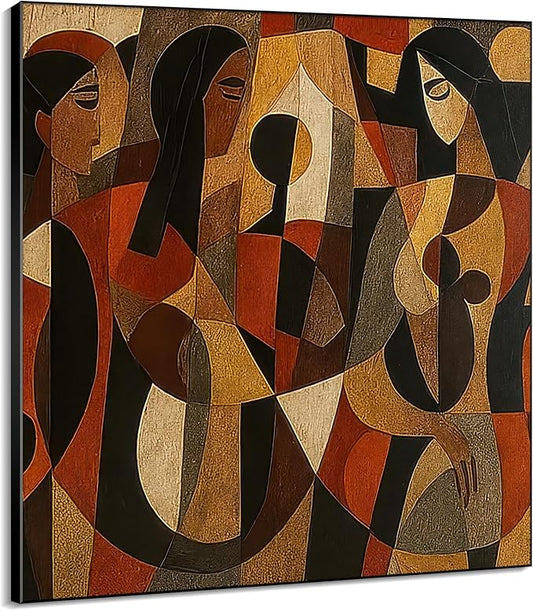 36"x36" Large Framed Wall Art - Cubist Figurative Abstract Warm Tones (Frame Assembly Required)