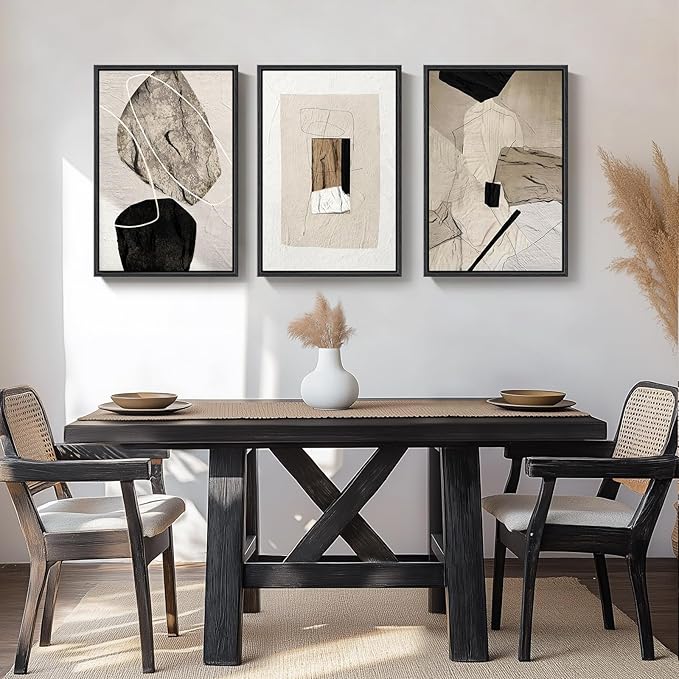 Large Framed Neutral Abstract Wall Art, 3 Piece Modern Canvas Prints Paintings Artwork for Walls, Minimalist Black Beige Pictures for Living Room Hallway Dining Room Bedroom Wall Decor -Total 30x60 In