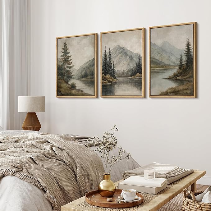 MUDECOR Framed Wall Art Print Set Mountain Landscape Nature with Trees, Lake, and Mountains, Rustic Illustrations Modern Art Decorative Colorful for Living Room, Bedroom, Office - 24"x36"x3 Natural