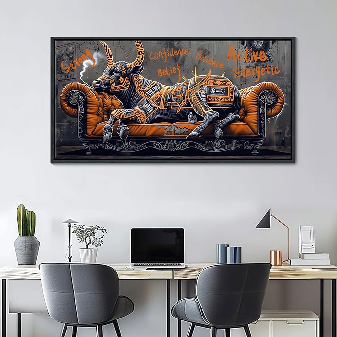 JEAWA Framed Canvas Wall Art - Creative Wall Art for Bedroom Living Room Bathroom, Modern Artwork Decor for Home Decoration, Strong Bull Color Graffiti, 24x48 IN