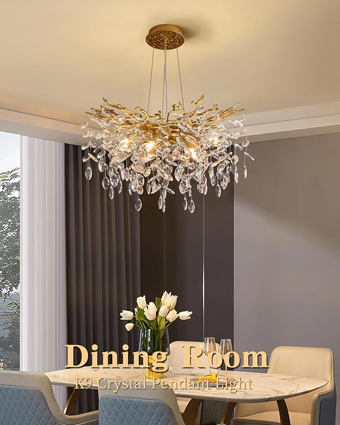 Modern Tree Branch Crystal Chandelier Luxury Gold Crystal Pendant Lighting 23.6" Contemporary 8-Light Chandeliers for Dining Room Kitchen Bedroom Living Room