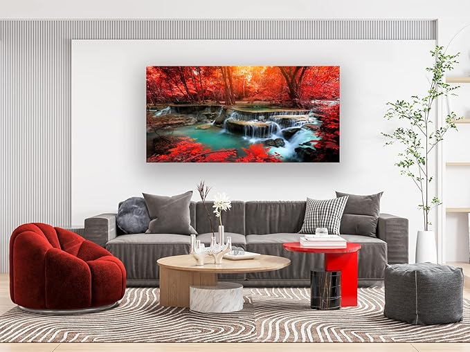 Muolunna BK03962 Wall Art Decor Canvas Print Picture Red Forest Waterfalls 1 Piece Modern Landscape Tree for Living Room Bedroom Kitchen Office Home Decorations Stretched and Framed Ready to Hang