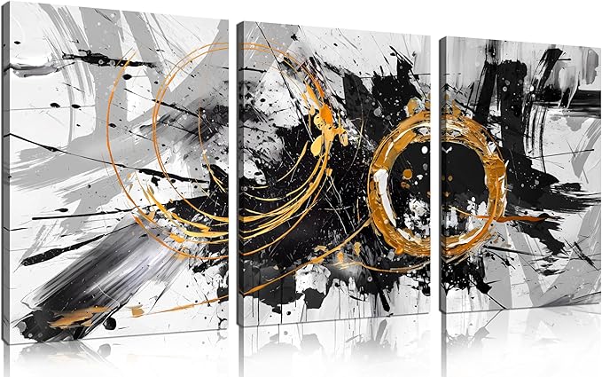 CIRABKY Black, White and Gold Abstract Painting - 3 Piece Canvas Wall Art for Living Room and Office - Size 12" x 16"