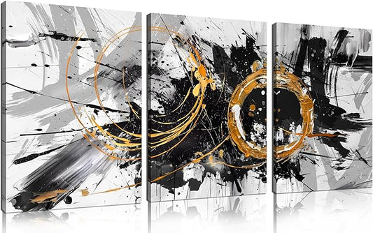 CIRABKY Black, White and Gold Abstract Painting - 3 Piece Canvas Wall Art for Living Room and Office - Size 12" x 16"
