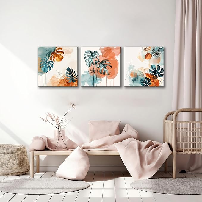 NAN Wind 3Pcs Abstract Tropical Leaves Canvas Art Modern Botanical Wall Decor Teal and Orange Leaf Minimalist Jungle Wall Art Framed Contemporary Nature-Inspired Print for Living Room or Bedroom