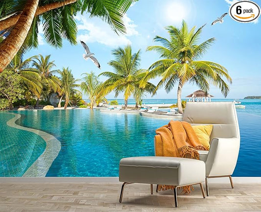 Palm Trees and Blue Sky Summer Island Wall Mural Wallpaper for Bedroom 137" x 100"