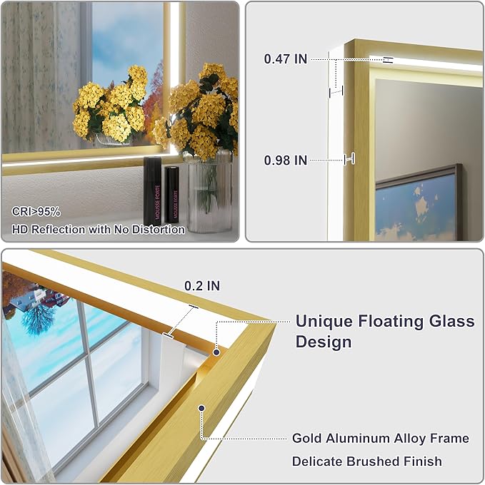 28x36 Inch Gold LED Bathroom Mirror with Front and Back Lights, Adjustable 3000K/4500K/6000K, Wall Mounted Lighted Bathroom Vanity Mirror, Dimmable, Anti-Fog, Horizontal/Vertical