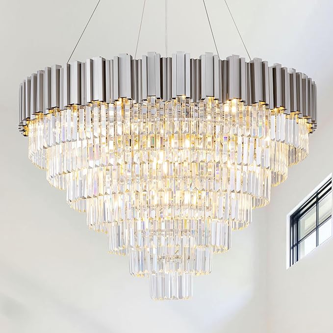 7-Tier 39" Silver Chandelier, 21-Light Modern Crystal Chandelier, Luxury Round K9 Crystal Chandeliers Light Fixture for Dining Room, Living Room, Bedroom, Foyer, Entryway, Kitchen, Restaurant