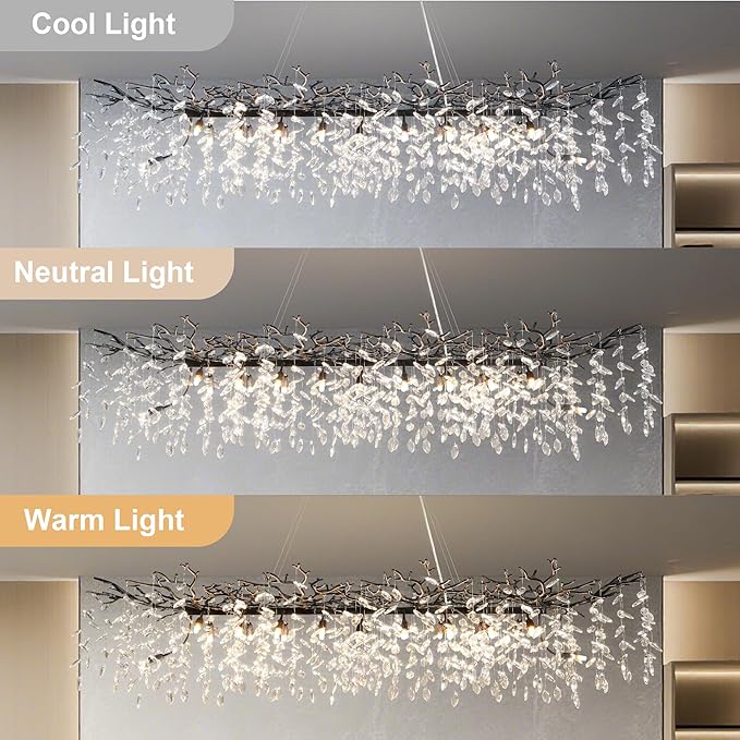 71" Black Crystal Chandelier, 20-Light Modern Tree Branch Chandelier, Luxury Rectangular K9 Crystal Raindrop Chandeliers for Dining Room Kitchen Island Living Room, Contemporary Pendant Light Fixture