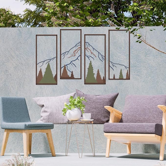 4 Pcs Metal Mountain and Forest Wall Decor Colorful Landscape Mountain Wall Art Pine Tree Forest Wall Decoration Rustic Nature Wall Decor for Living Room Home Office Bathroom Indoor (Middle)