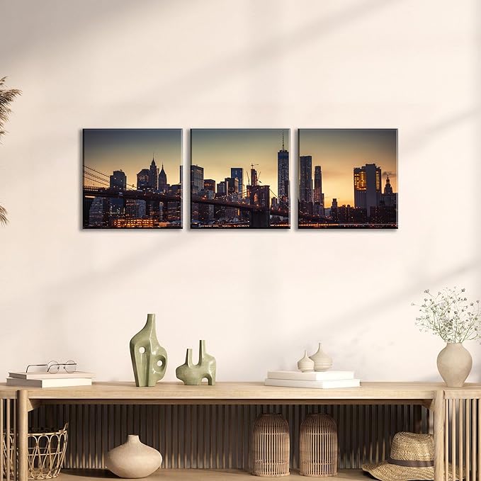 NAN Wind 3PCS Modern Urban Skyline Wall Art NYC-Inspired Twilight Cityscape Framed Canvas Prints Art Contemporary Manhattan Bridge Golden Sunset Skyscraper Canvas Pictures for Home Office Decor